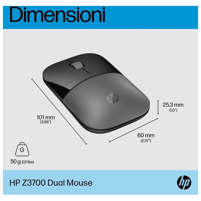 HP 758A9AA Z3700 Dual Mouse Wireless Bluetooth 5.0 RF 2.4 GHz Ottico 1600 DPI 3 Pulsanti Autonomia 16 mesi colore Argento
