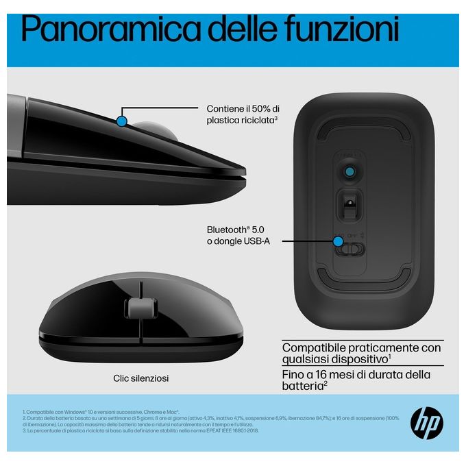 HP 758A9AA Z3700 Dual Mouse Wireless Bluetooth 5.0 RF 2.4 GHz Ottico 1600 DPI 3 Pulsanti Autonomia 16 mesi colore Argento