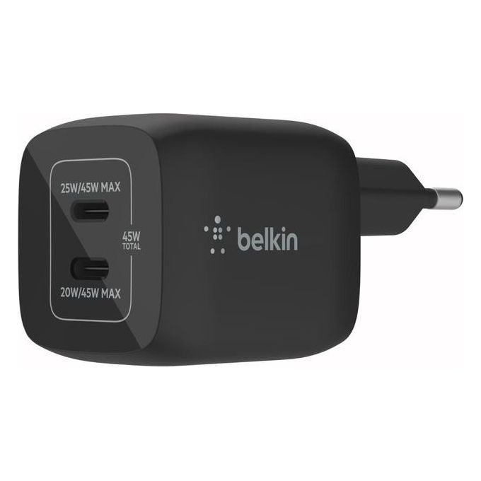 Belkin WCH011VFBK BoostCharge Pro Caricabatterie da Parete Doppia Porta USB-C 45 W Tecnologia GaN PD 3.0 PPS colore Nero