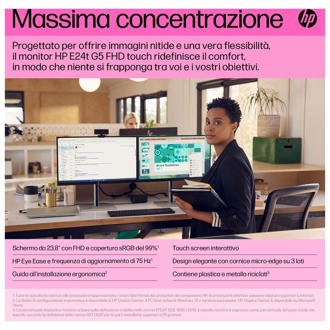 HP 6N6E6AA#ABB E24t G5 Monitor PC Touchscreen 23.8'' Full HD IPS 5ms Hub USB colore Nero
