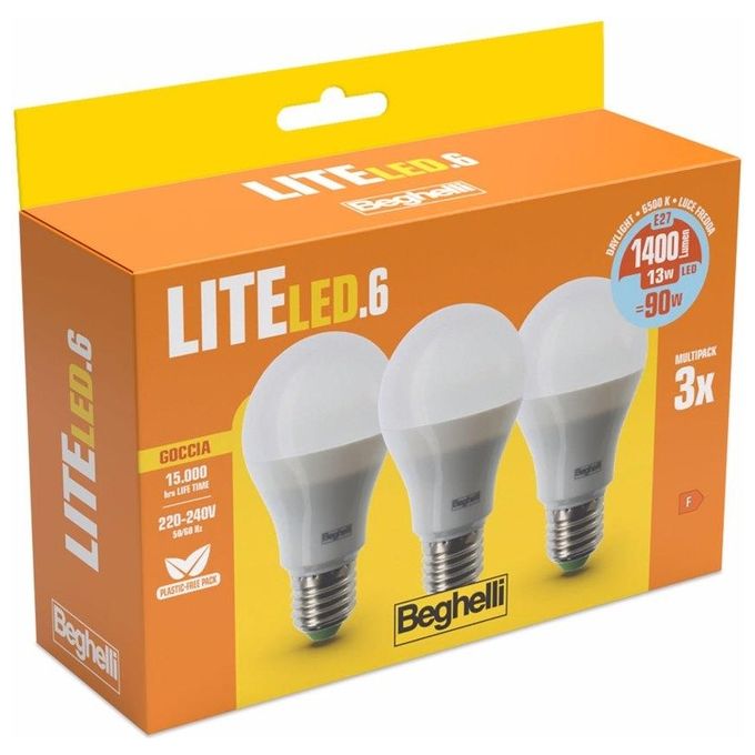Beghelli Lampadina Led Goccia 13W 6500k 3 Pezzi Lite Led e27 400lm Luce Fredda
