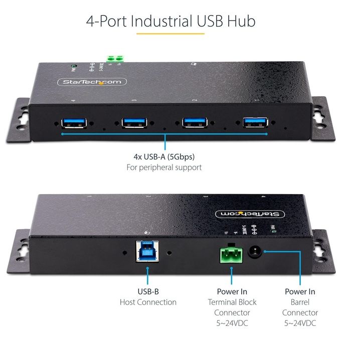 StarTech.com 5G4AINDNP-USB-A-HUB Hub USB 3.0 Industriale a 4 Porte con Protezione ESD e Sovratensione Alimentato 5Gbps Installabile a Parete Scrivania Barra DIN Porte Bloccabili colore Nero