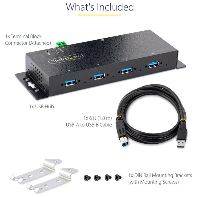 StarTech.com 5G4AINDNP-USB-A-HUB Hub USB 3.0 Industriale a 4 Porte con Protezione ESD e Sovratensione Alimentato 5Gbps Installabile a Parete Scrivania Barra DIN Porte Bloccabili colore Nero