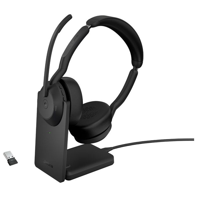 Jabra 25599-999-989 Evolve2 55 Auricolare Stereo Wireless con Cancellazione Attiva del Rumore e Connessione Bluetooth USB-A Base di Ricarica Inclusa colore Nero
