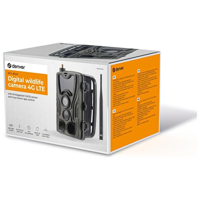 Denver 112131130090 WCL-8040 Fotocamera per Animali Selvatici 4G LTE Tuya Sensore CMOS 8 MP Risoluzione 30MP Visione Notturna 38 LED IR IP65 colore Mimetico