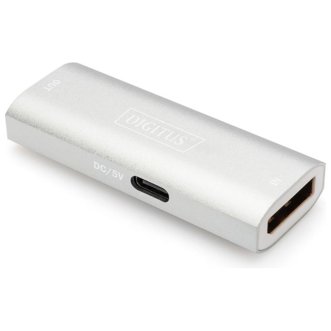 Digitus DS-55524 Ripetitore DisplayPort Supporta 8K-30Hz 4K-120Hz 4K-60Hz fino a 30 m Alimentazione USB-C Micro-USB Argento