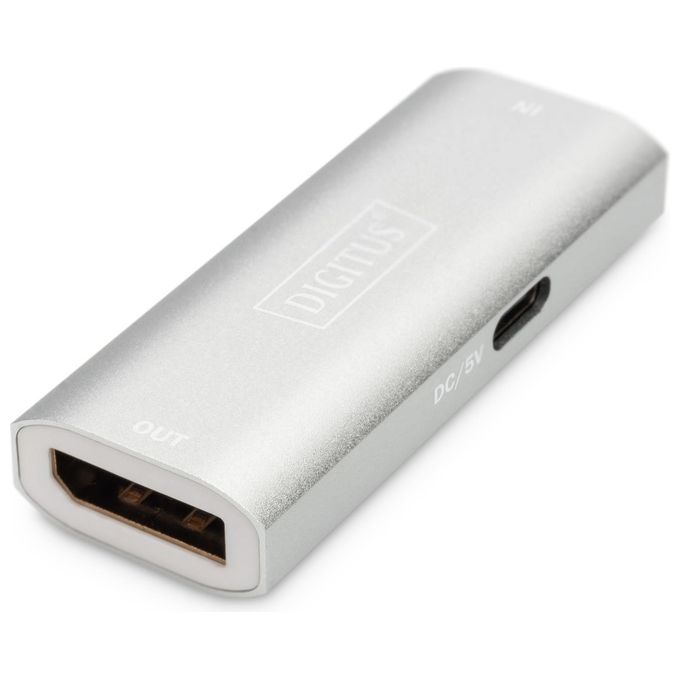 Digitus DS-55524 Ripetitore DisplayPort Supporta 8K-30Hz 4K-120Hz 4K-60Hz fino a 30 m Alimentazione USB-C Micro-USB Argento