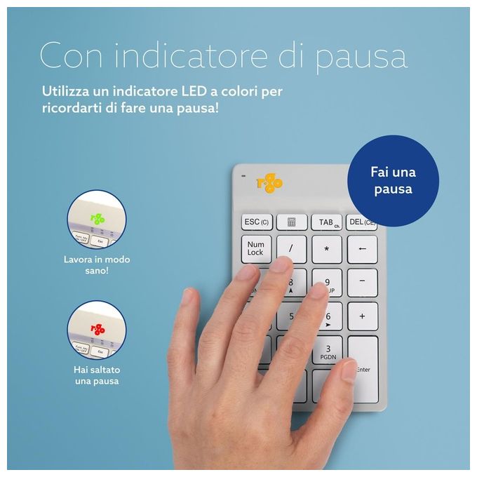 R-Go Tools RGOCONMWLWH R-Go Numpad Break Tastierino Numerico Ergonomico con Bluetooth 5.0 e Indicatore di Pausa colore Bianco