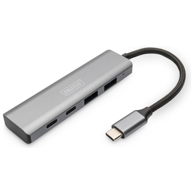 Digitus DA-70245 Hub USB-C 4 Porte 2x USB-A 2x USB-C Gen 2 10 Gbps Plug and Play Alluminio colore Grigio Scuro