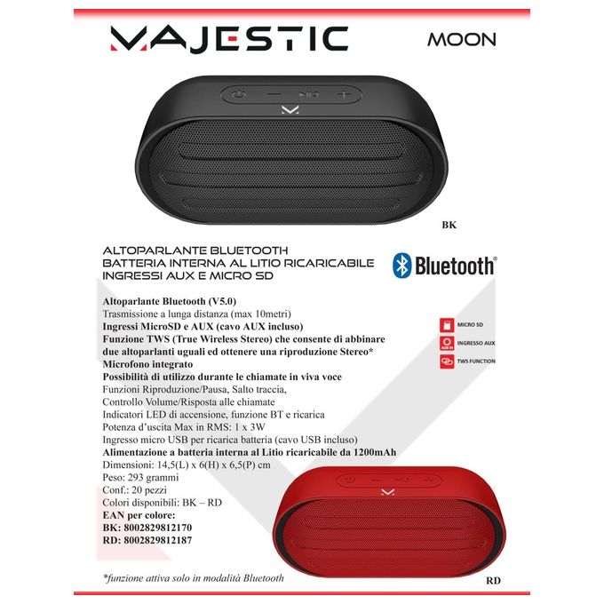 Majestic Moon Speaker Bluetooth TWS MicroSD Aux Nero