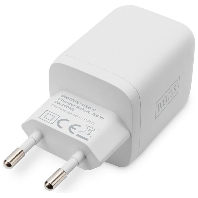 Digitus DA-10063 Caricabatterie Universale GaN 65 W 2 Porte USB-C Power Delivery 3.0 PPS Compatibile con iPhone Samsung Pixel Xiaomi Huawei colore Bianco