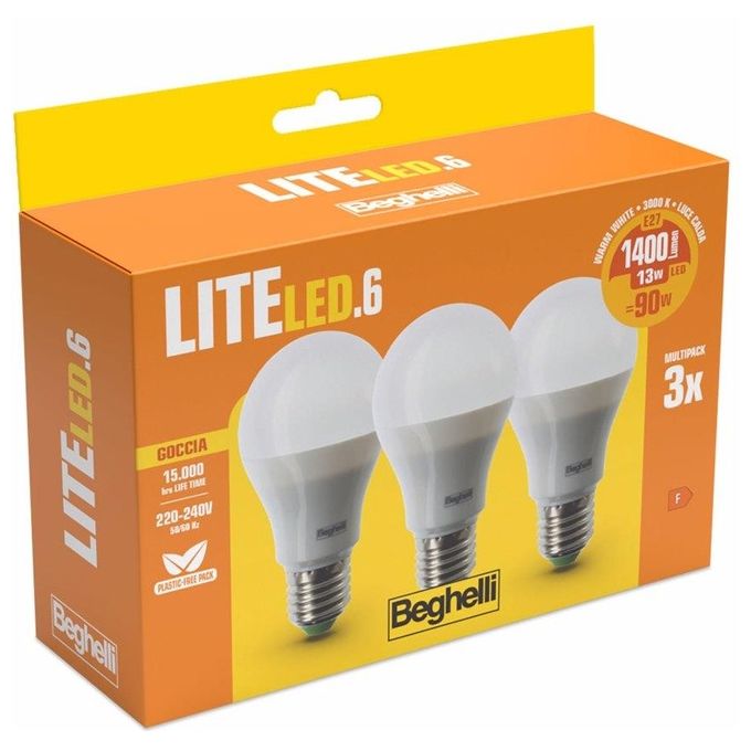 Beghelli Lampadina Led Goccia 13W 3000k 3 pezzi Lite Led  e27 1400 Lumen Luce Calda