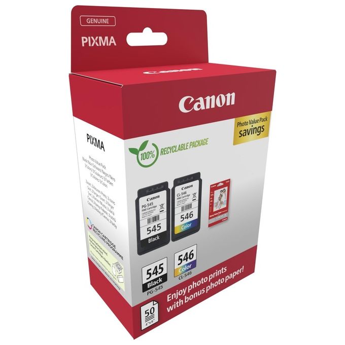Canon 8287B008 Cartuccia Inkjet Originale PG-545 Nero + CL-546 Colore con Fogli Carta Fotografica colore Nero + Colore