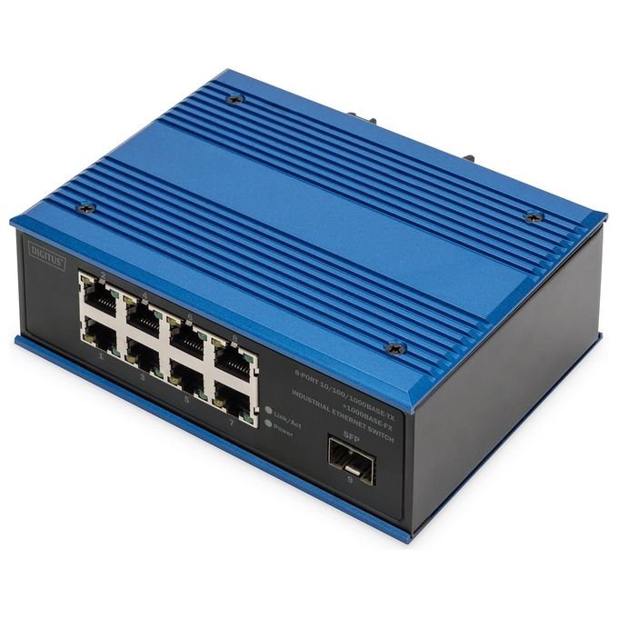 Digitus DN-651136 Switch di rete Gigabit Ethernet industriale non gestito 8 porte RJ45 1 SFP alimentazione 12-52V DC montaggio su guida DIN colore Nero Blu
