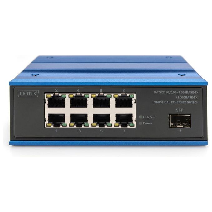 Digitus DN-651136 Switch di rete Gigabit Ethernet industriale non gestito 8 porte RJ45 1 SFP alimentazione 12-52V DC montaggio su guida DIN colore Nero Blu