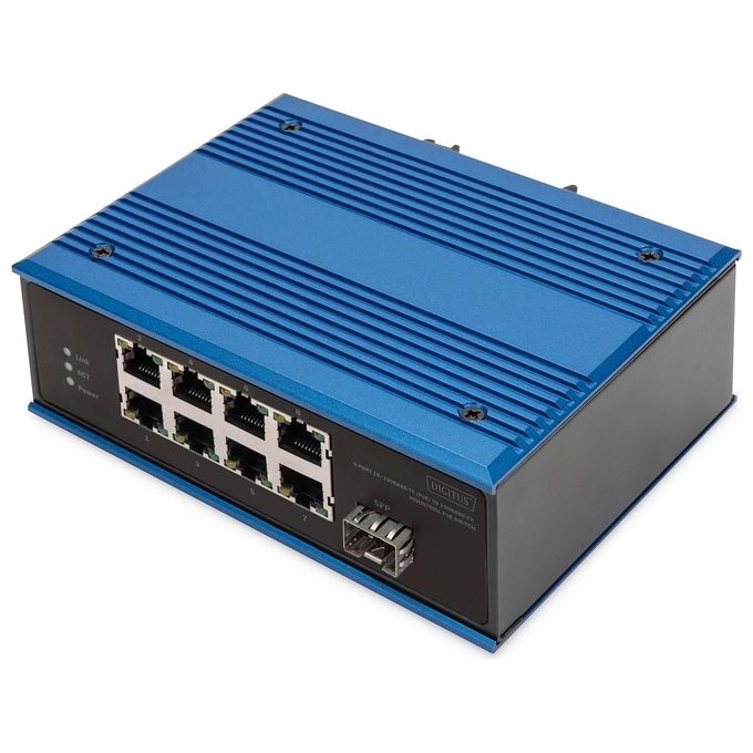 Digitus DN-651133 Switch di Rete PoE Industriale Non Gestito 8 Porte Fast Ethernet 10-100 Mbps + 1 Uplink SFP Montaggio su Guida DIN IP40 colore Blu
