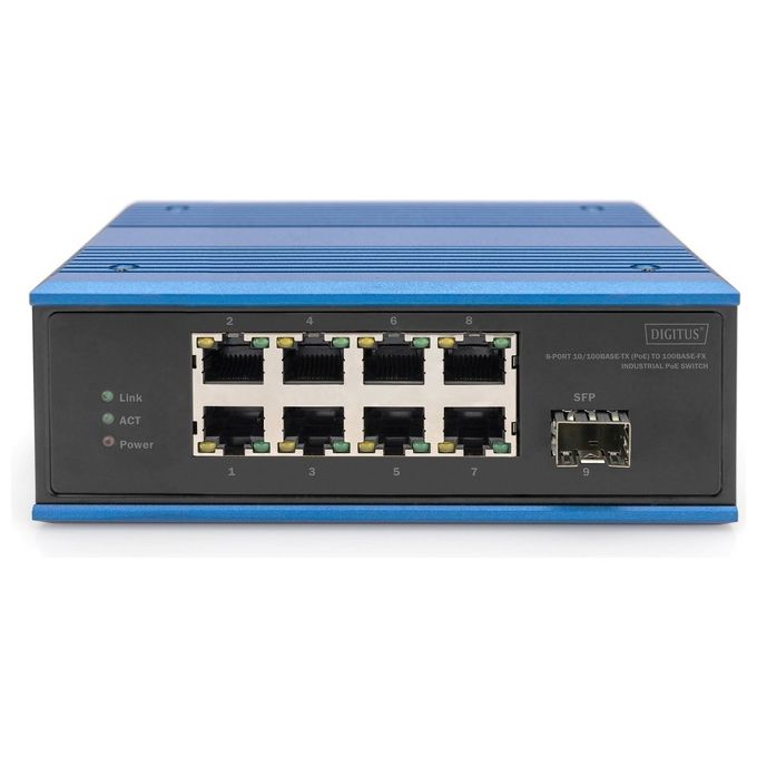 Digitus DN-651133 Switch di Rete PoE Industriale Non Gestito 8 Porte Fast Ethernet 10-100 Mbps + 1 Uplink SFP Montaggio su Guida DIN IP40 colore Blu