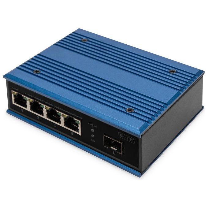 Digitus DN-651130 Switch di rete Fast Ethernet industriale non gestito 4 porte RJ45 1 uplink SFP alimentazione 12-52V DC montaggio su guida DIN colore Nero Blu