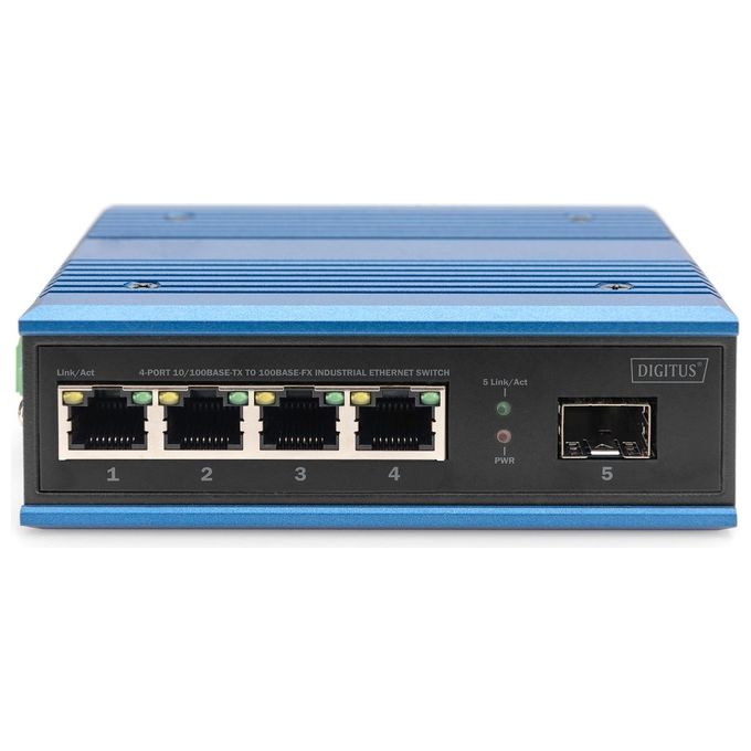 Digitus DN-651130 Switch di rete Fast Ethernet industriale non gestito 4 porte RJ45 1 uplink SFP alimentazione 12-52V DC montaggio su guida DIN colore Nero Blu
