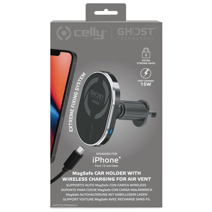Celly GHOSTSUPERMAGCH Ghost SuperMag Charge15 Supporto Auto MagSafe iPhone Ricarica Wireless 15W colore Nero