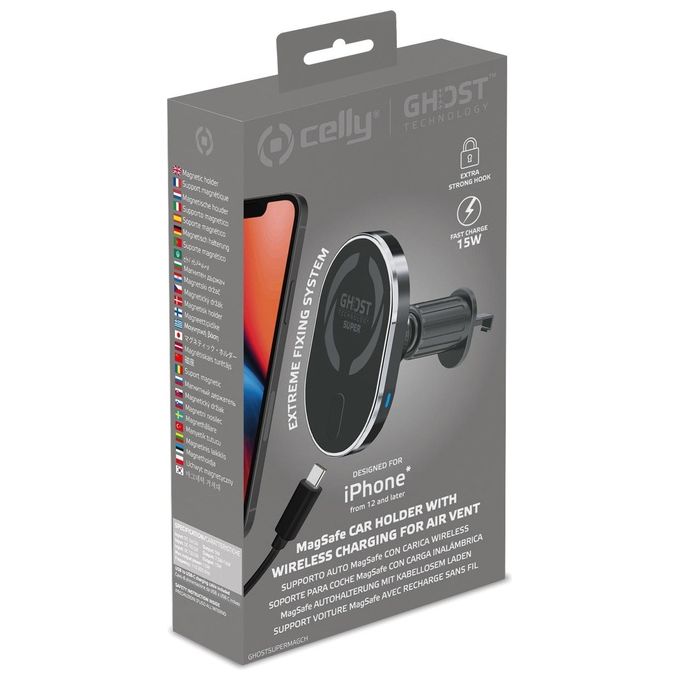 Celly GHOSTSUPERMAGCH Ghost SuperMag Charge15 Supporto Auto MagSafe iPhone Ricarica Wireless 15W colore Nero