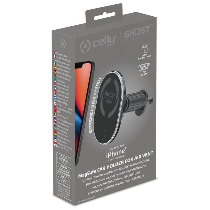 Celly GHOSTSUPERMAG Ghost SuperMag Supporto Auto Smartphone Bocchette Aria MagSafe Ricarica Wireless Rapida colore Nero