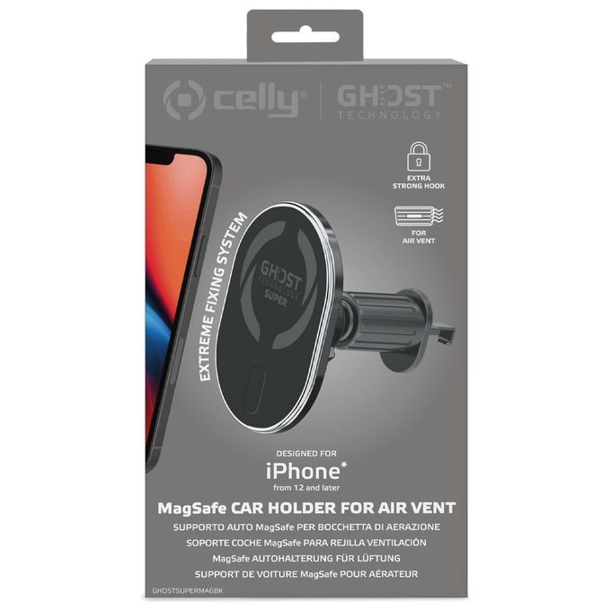 Celly GHOSTSUPERMAG Ghost SuperMag Supporto Auto Smartphone Bocchette Aria MagSafe Ricarica Wireless Rapida colore Nero