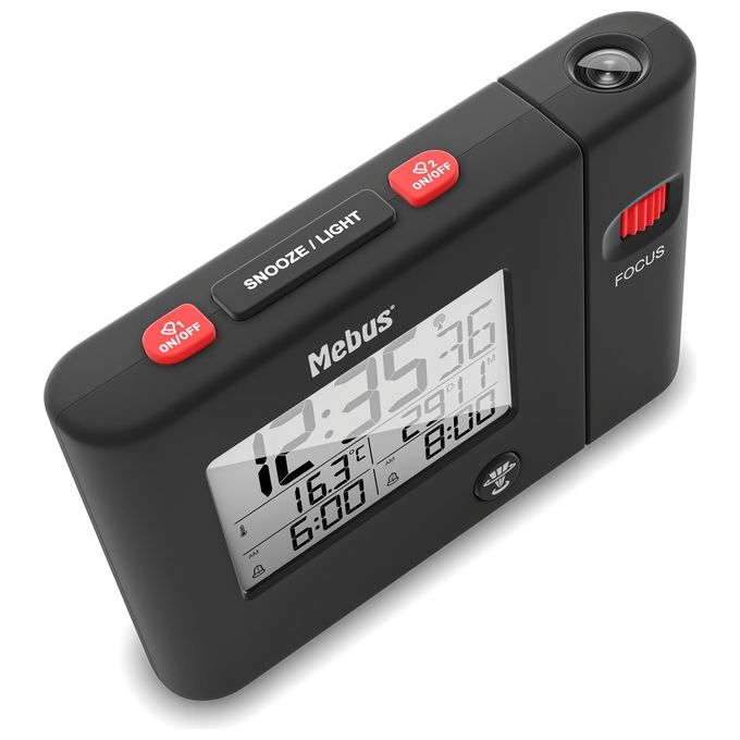 Mebus 25795 Sveglia Digitale con Proiezione Radiocontrollata DCF77 Snooze Termometro display LCD retroilluminato colore Nero