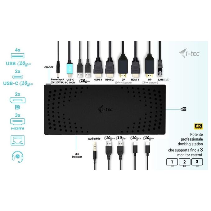 I-tec CATRIPLE4KDOCKPD2IT Docking Station 3x 4K USB 3.2 Gen 2 Power Delivery 100W colore Grigio