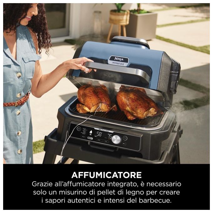 Ninja OG901EU Woodfire Pro Connect XL Barbecue Elettrico 7 in 1 Griglia Affumicatore Friggitrice ad Aria 1700W App Wi-Fi IPX4 colore Nero