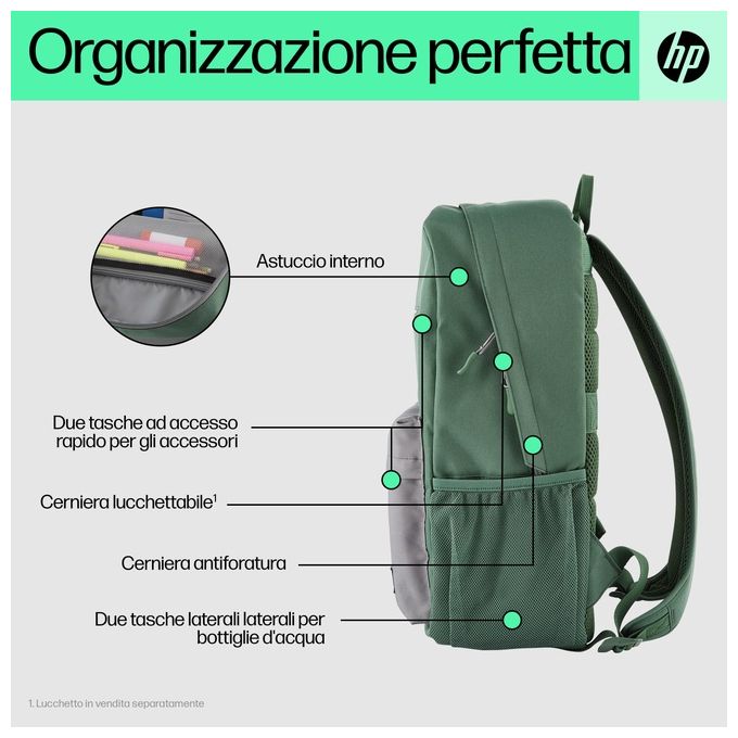 HP 7J595AA Campus Green Zaino per Notebook 15.6'' Resistente all'Acqua Scomparto Imbottito colore Verde
