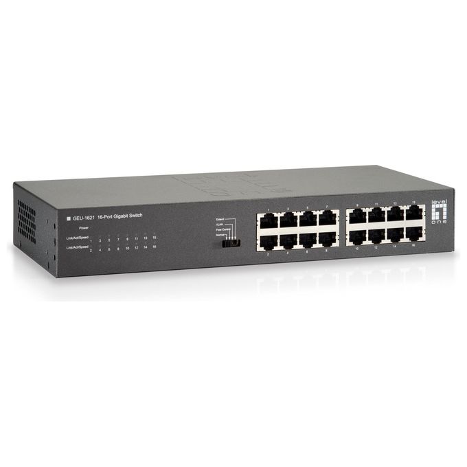 LevelOne GEU-1621 Switch di Rete 16 Porte Gigabit Ethernet 10-100-1000 Full Duplex Jumbo Frame 9K Supporto PoE No colore Grigio