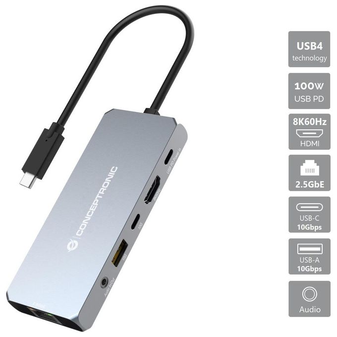 Conceptronic DONN22G Docking Station 6 in 1 USB4 40 Gbps HDMI 2.1 8K 60Hz Ethernet 2.5GbE USB PD 100W colore Grigio