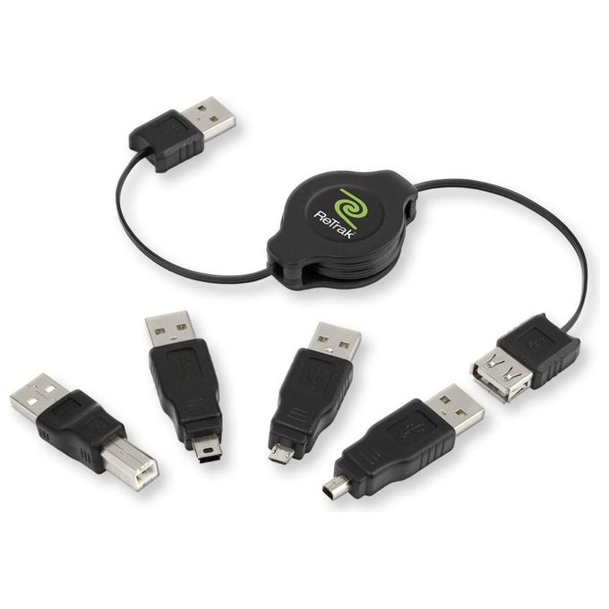 Retrak Cavo Usb con Adattatore Intercambiabile Retrattile 1mt Nero