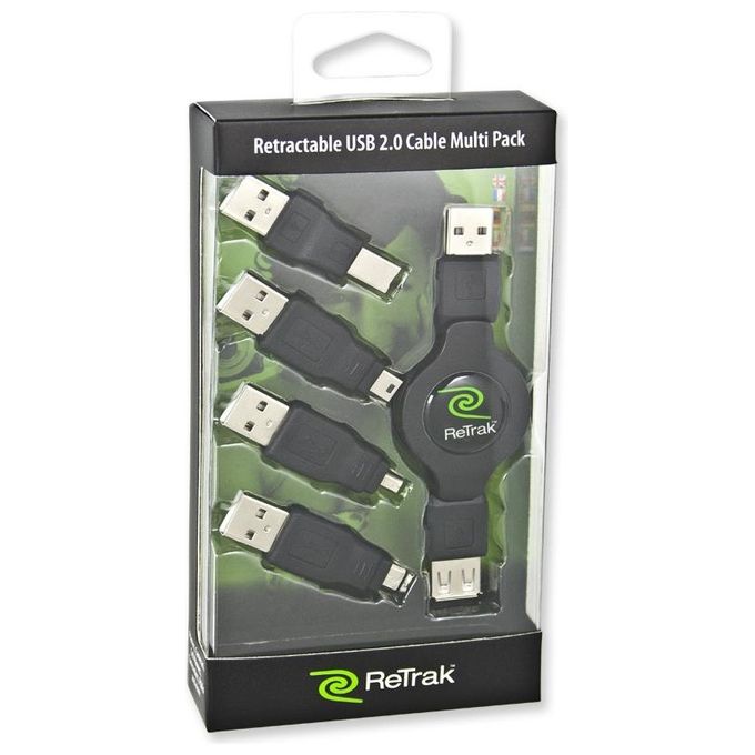 Retrak Cavo Usb con Adattatore Intercambiabile Retrattile 1mt Nero