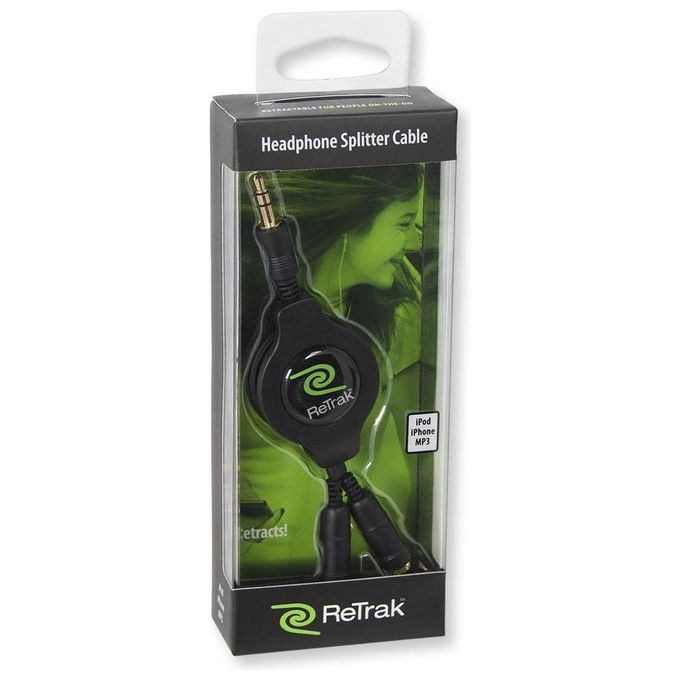 Retrak Cavo Jack da 3,5mm A Splitter 2 Auricolari Rettrattile Nero