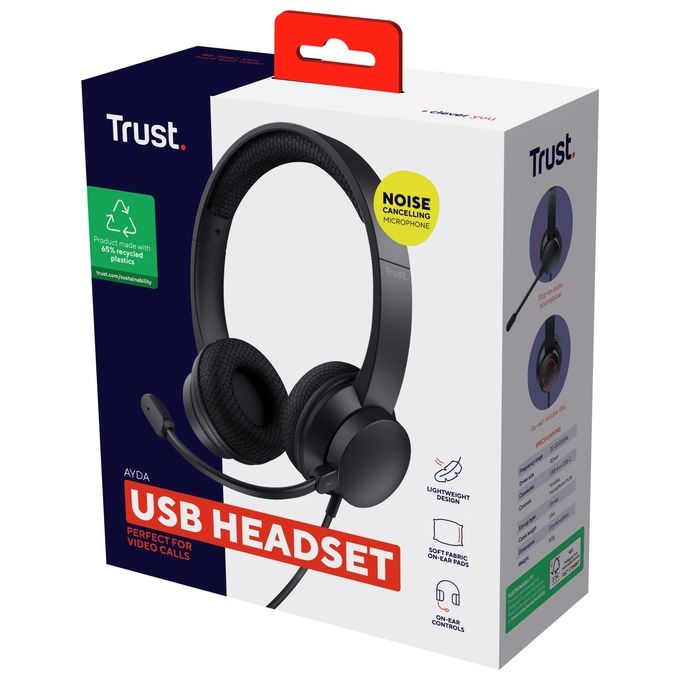 Trust Ayda USB Cuffie con Microfono ENC Cancellazione del Rumore Mic Noise Cancelling 65% Plastica Riciclata Auricolari con Filo 180 m Headphones On-Ear Cablato per PC Laptop Mac - Nero