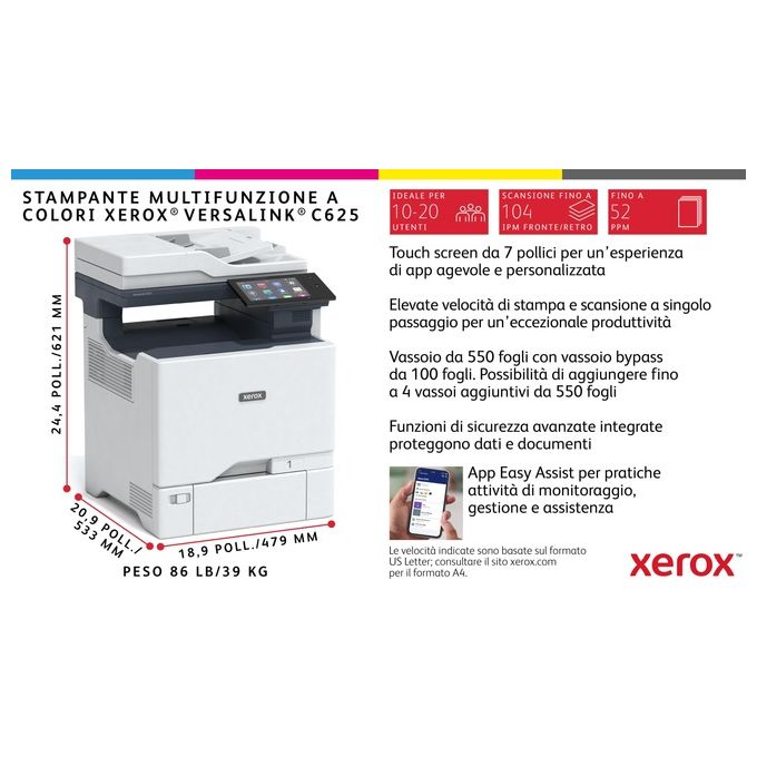 Xerox C625V_DN VersaLink C625 Stampante Multifunzione Laser a Colori A4 50 ppm Duplex Automatico con Touchscreen 7 pollici Wi-Fi Opzionale Ethernet Gigabit NFC colore Nero