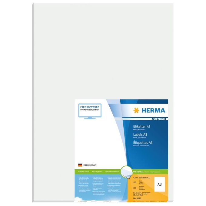 Herma 8692 Etichetta Autoadesiva 297x420mm Bianco Rettangolo Permanente 100 Pezzi