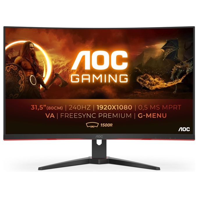 AOC C32G2ZE-BK Monitor Gaming Curvo 31.5'' VA Full HD 1920x1080 240 Hz 0.5 ms AMD FreeSync Premium colore Nero Rosso