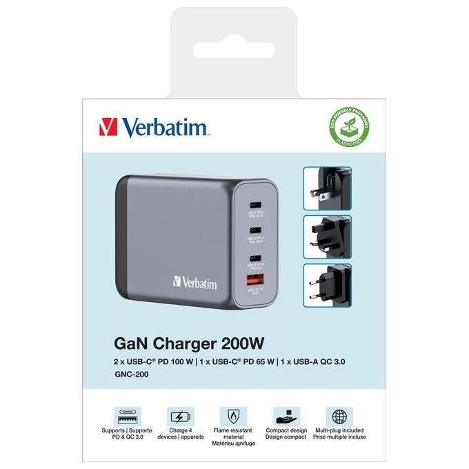 Verbatim 32204 GNC-200 Caricatore GaN 200W con 3 USB-C 1 USB-A Ricarica Rapida Quick Charge 3.0 PD PPS colore Nero Grigio