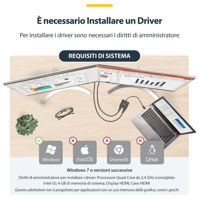 StarTech USB32HD2 Adattatore USB 3.0 a Dual HDMI 1x 4K 30Hz 1x 1080p 60Hz colore Nero