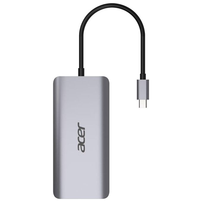 Acer HP.DSCAB.009 12-in-1 Type-C Dongle Multiporta con 2 HDMI 2 USB 3.2 Gen 1 2 USB 2.0 DisplayPort Ethernet Gigabit Lettore SD-MicroSD Uscita Audio 3.5 mm Power Delivery 100 W colore Argento