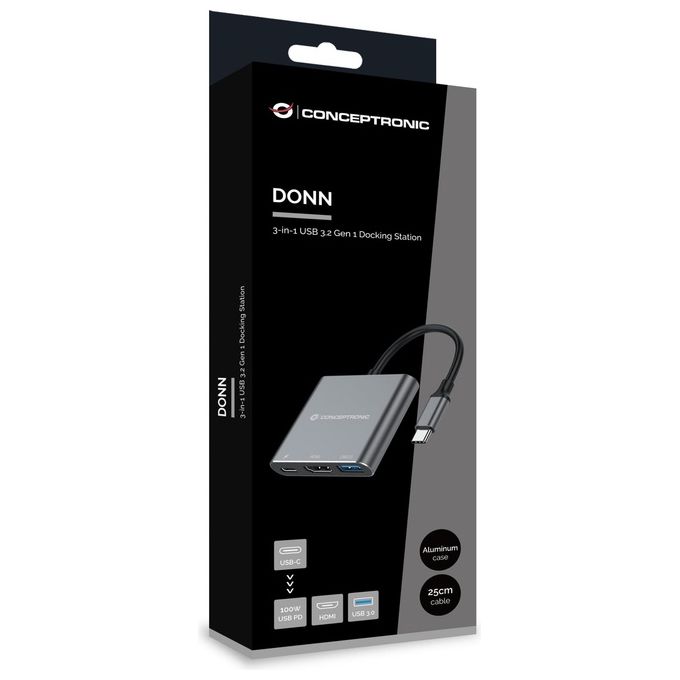Conceptronic DONN18G Replicatore di Porte e Docking Station per Laptop Cablato Usb 3.2 Gen 1 Type-c Grigio