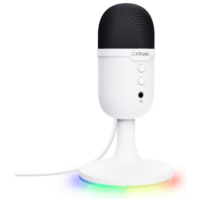 Trust S9913958 GXT 234W Yunix Microfono USB da Tavolo con Pattern Cardioide Filtro Pop Integrato e Illuminazione RGB Uscita Cuffie Pulsante Mute colore Bianco