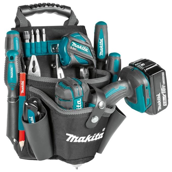 Makita E-15182 Borsa Portautensili per Trapano Ambidestro in Pelle e Poliestere con Supporto per Metro e Clip per Cintura colore Nero