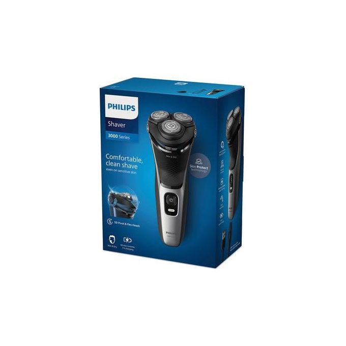 Philips S3143-00 Shaver 3000 Series Rasoio elettrico rotativo Wet Dry 3 testine autonomia 60 min colore Nero Argento