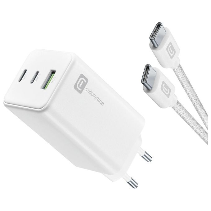 Cellularline ACHKITGAN100WTABW Multipower Kit Caricabatterie da Rete GaN 100W 3 Porte USB-C USB-A con Cavo USB-C 5A 100cm colore Bianco