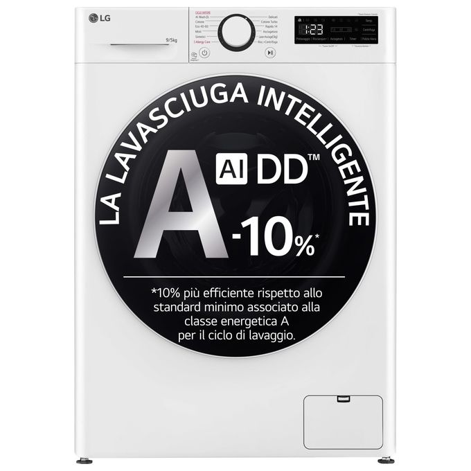 LG D2R5S09TSWW Lavasciuga Slim 9-5 Kg 1160 rpm Classe E AI DD TurboWash 360 Vapore Allergy Care (85x60x47,5 cm) colore Bianco