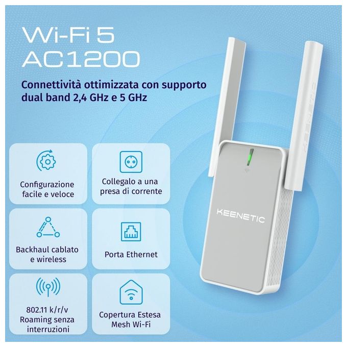 Keenetic KN-3311 Buddy 5 Range Extender Wi-Fi Mesh AC1200 Dual Band 2.4 5 GHz 1 Porta Ethernet 100 Mbit-s colore Bianco Grigio